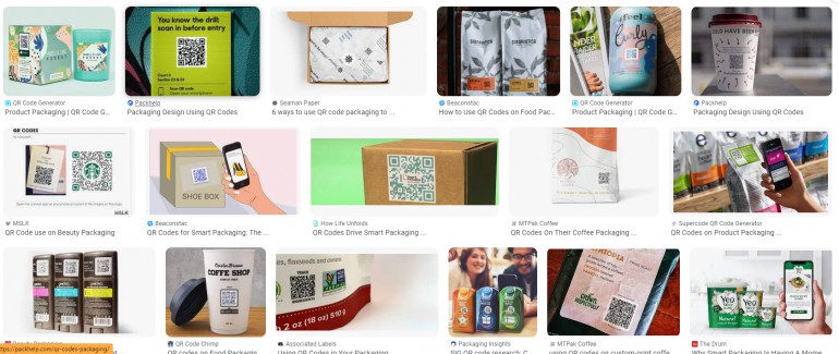 A screenshot of the results of searching for Connected Packaging on Google showing lots of different types packaging with QR codes being scanned with a phones