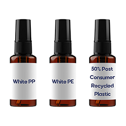 3 bottles that are labeled White PP White PE and 50 percent post consumer recycled plastic